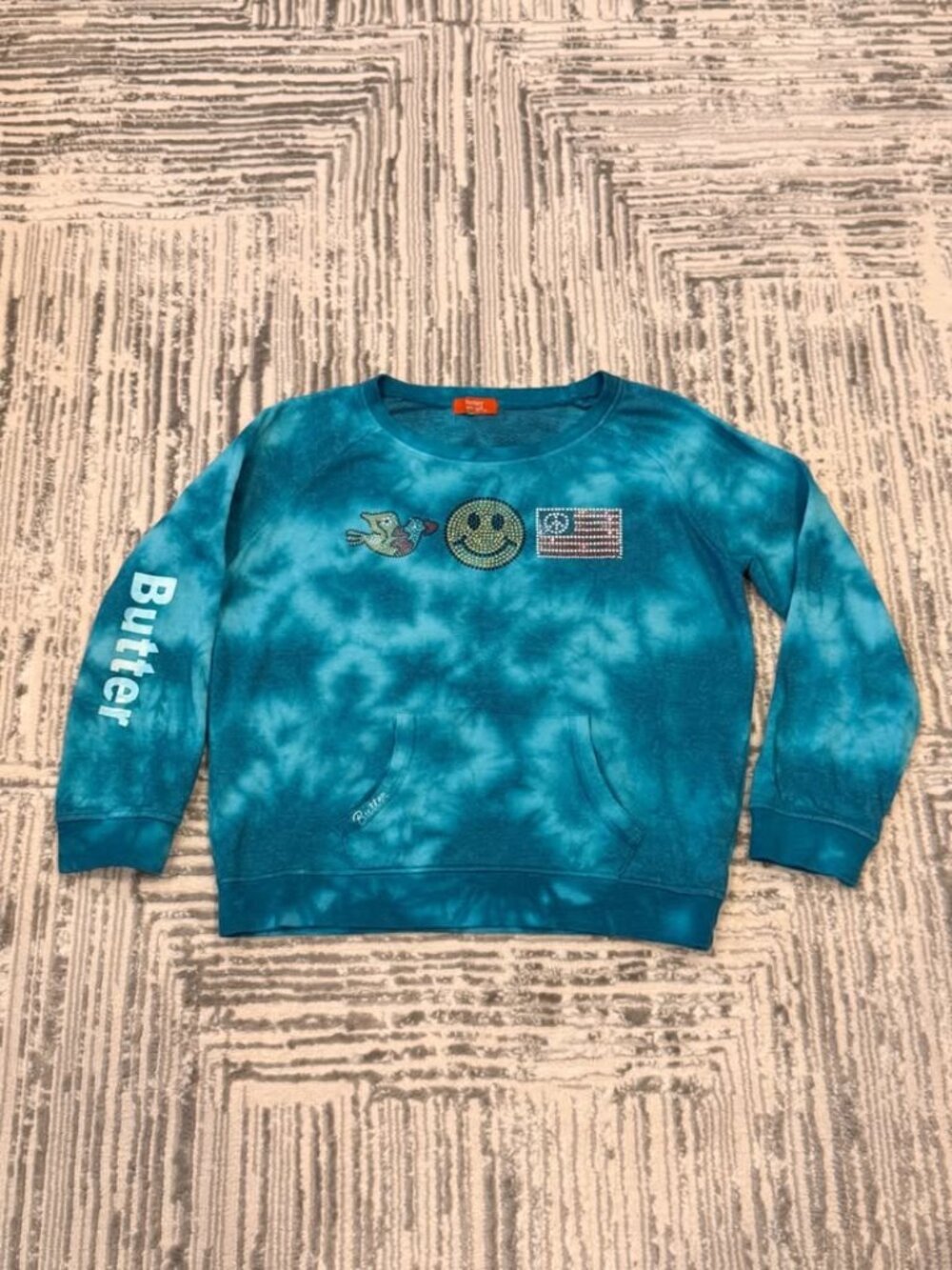 Butter Super Soft girl's youth size large blue Tye-dyed sequined sweatshirt